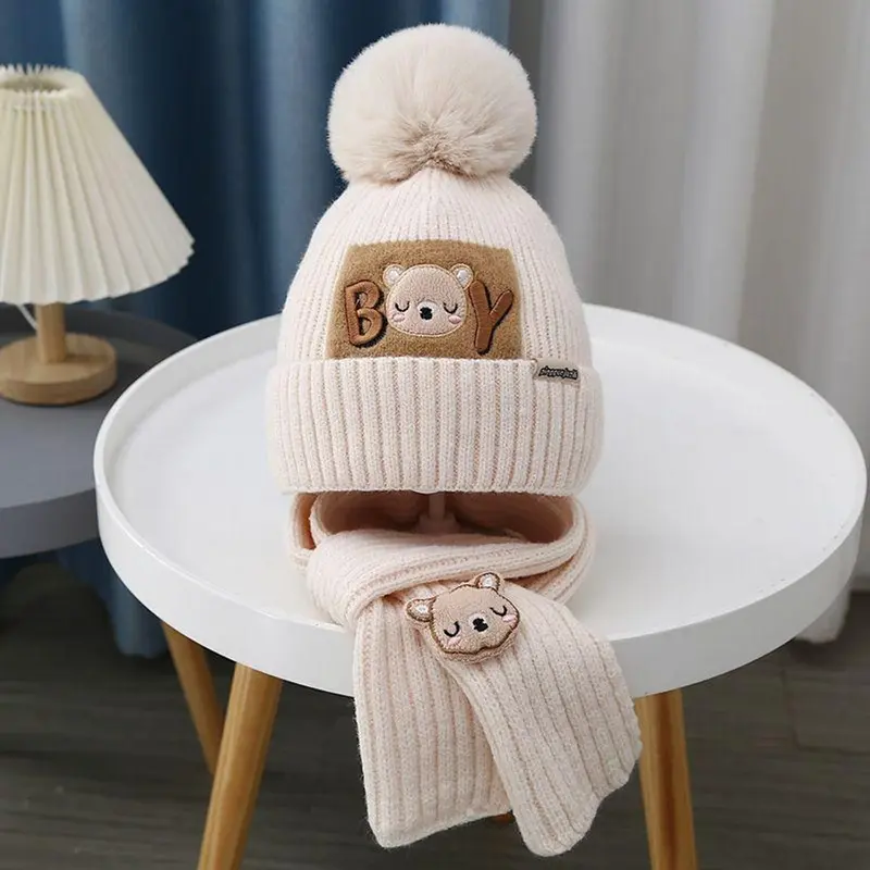 Bộ Mũ Len Và Khăn Quàng Quàng Cổ Cho Em Bé Hình Gấu Dễ Thương, 2 Chiếc, Mùa Đông, Với Pompom, Mũ Dệt Kim Cho Trẻ Sơ Sinh, Màu Trơn Thiết Kế Hoạt Hình, Mũ Bảo Vệ Tai Cho Trẻ Em Voi 4