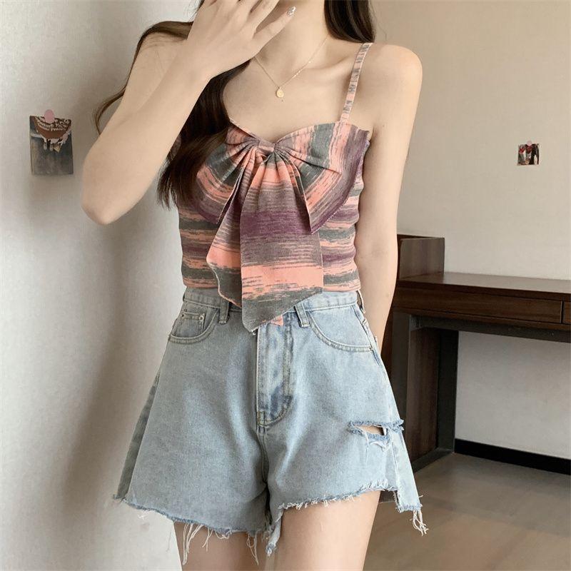 Product Introduction of Sweet and Spicy Style Striped Small Sling Vest Women's Summer Inner Wear Outer Wear Design Sense Niche Bow Sleeveless Short Top turtleneck  tank Lingerie Plaid Spaghetti Strap tank  top camisole  tops baby  tee 8