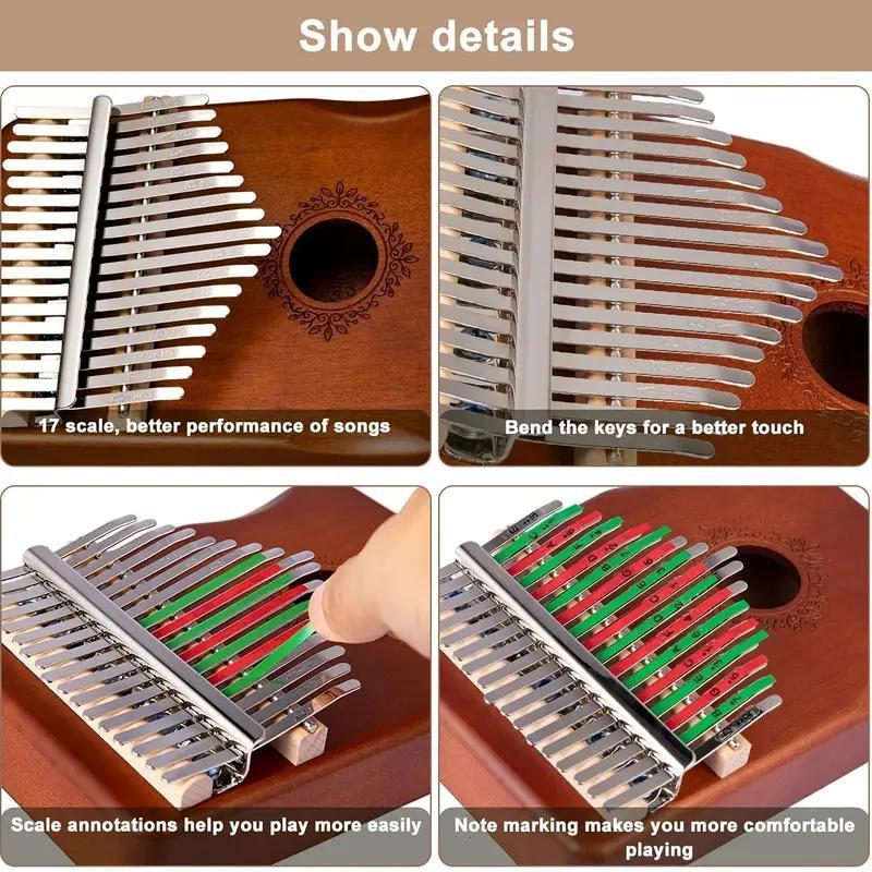 Product Introduction of Portable Finger Piano Musica Toy, 17-key Thumb Piano, Musical Instrument  with Study Instruction & Tune Hammes, Ergonomic Retro Style Mbira Finger Piano 9