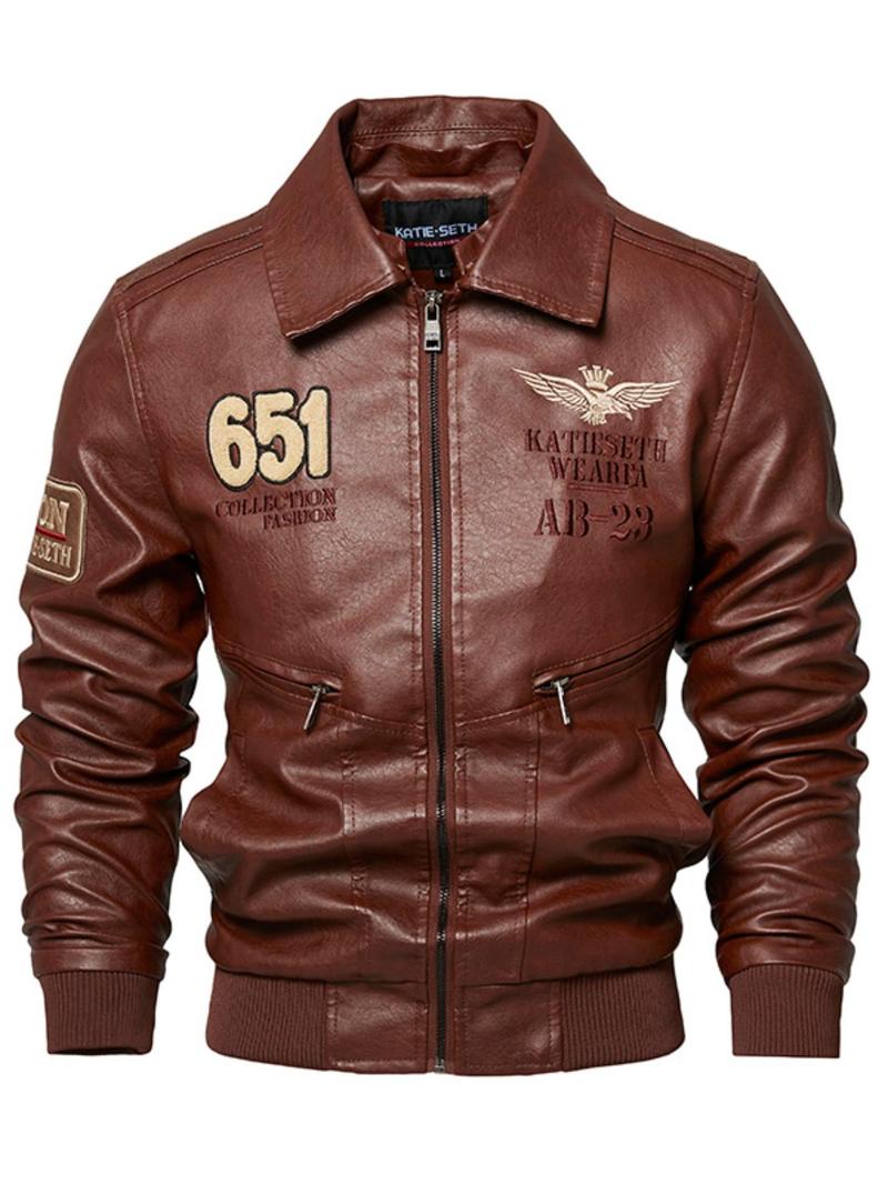 Product Introduction of Men's Letter Patched Pocket Zipper PU Leather Jacket, Punk Fashion Long Sleeve Collared Outerwear for Daily Outdoor Wear, Men Cloths for Fall & Winter 6