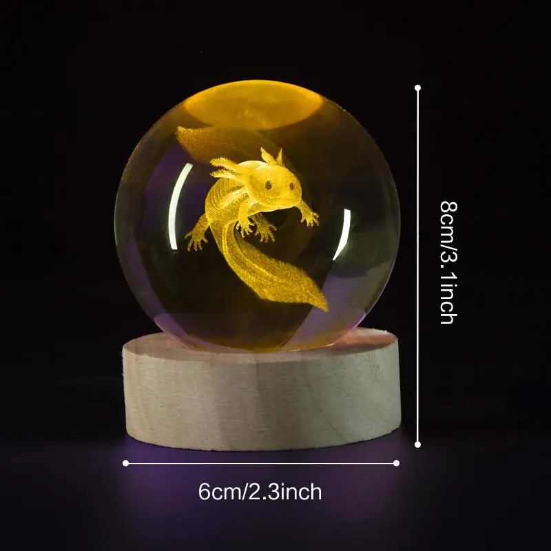 3D Crystal Glass Ball Night Light, USB Powered Amphibious Axolotl Design Decorative Light, Desk Ornament Light For Bedroom Living Room Decor 1