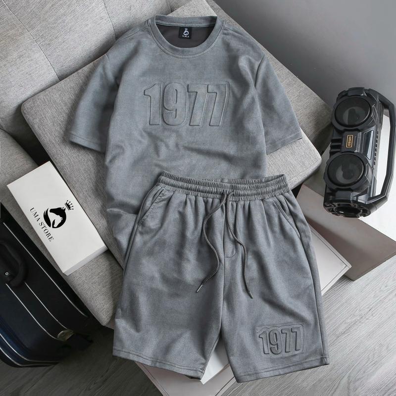 Bộ quần áo nam cổ tròn thể thảo chất liệu da lộn cao cấp có chữ dập nổi 3D, lịch sự (POLOUMAOR)  Chạy Bộ Sport Top 【 top h30   màu xám nhạt thường xxl đồng hồ màu đen bodonam set  nam dep Thun