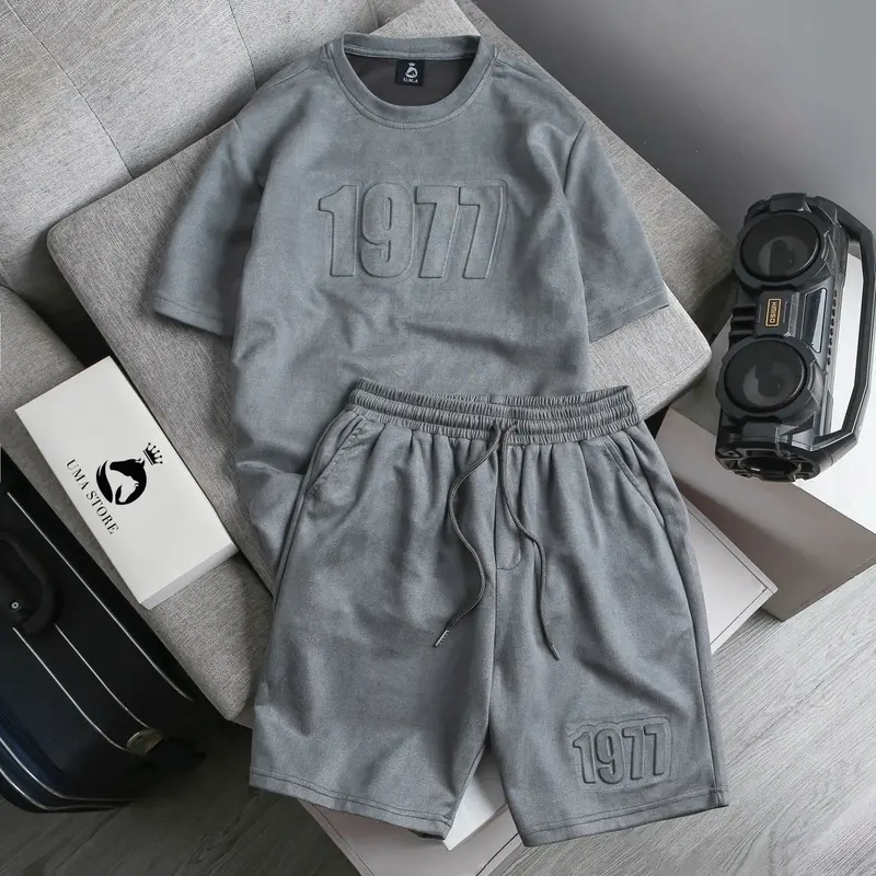 Bộ quần áo nam cổ tròn thể thảo chất liệu da lộn cao cấp có chữ dập nổi 3D, lịch sự (POLOUMAOR) Chạy Bộ Sport Top 【 top h30 】 màu xám nhạt thường xxl đồng hồ màu đen bodonam set nam dep Thun