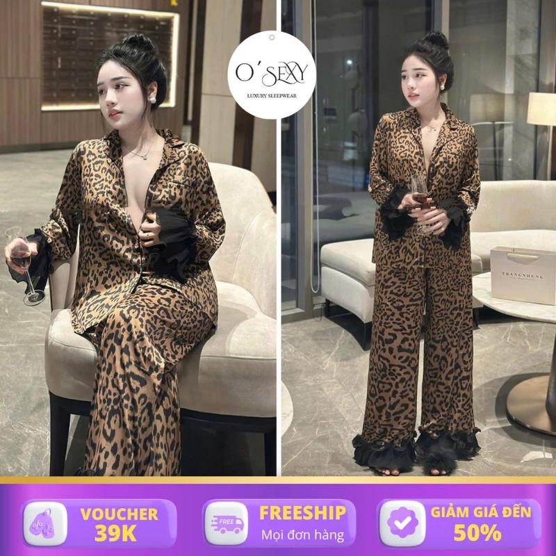 <65 kg Đồ Ngủ Nữ, Đồ Bộ Tiểu Thư OSEXY Dập Ly Beo Đáng Yêu Chất Lụa Latin Mềm Mịn