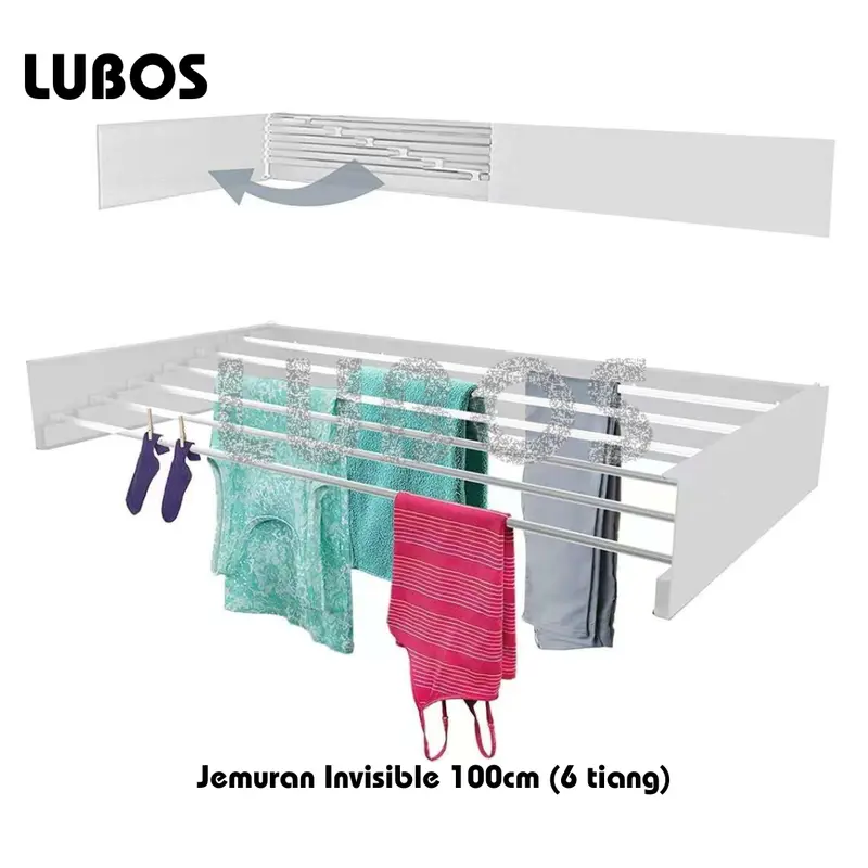 LUBOS Jemuran Baju Invisible Dinding Gantung Lipat Pipih Tarik Apartemen Apartment Space Saving Drying Laundry Room Rack 5