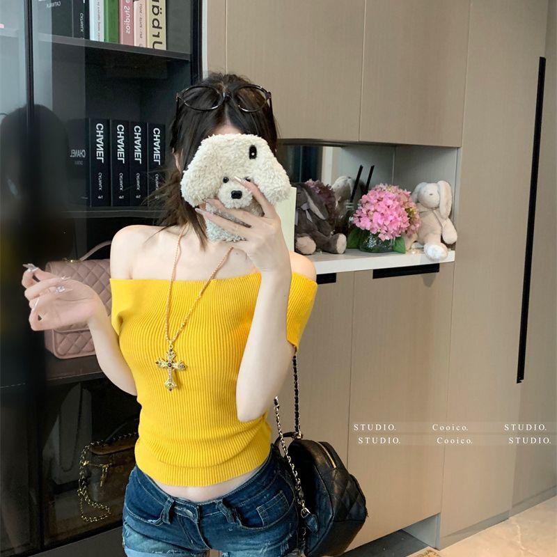 Phông Ngắn Tay Trễ Vai Màu Vàng, Dành Cho Nữ, Phong Cách Thuần Khiết, Ngọt Ngào Và Nóng Bỏng,  Ngắn Trễ Vai Mỏng, Thích Hợp Cho Mùa Hè, Hàng Mới Về Năm 2025, [Thanh Toán Khi Nhận Hàng] rhyder     số áo 4