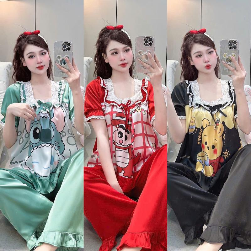 Đồ bộ tay ngắn lụa mịn thiết kế cao cấp đồ bộ nữ lụa mềm mịn thoải mái pijama nữ lụa mịn mát đồ bộ pizama tay ngắn dễ thương