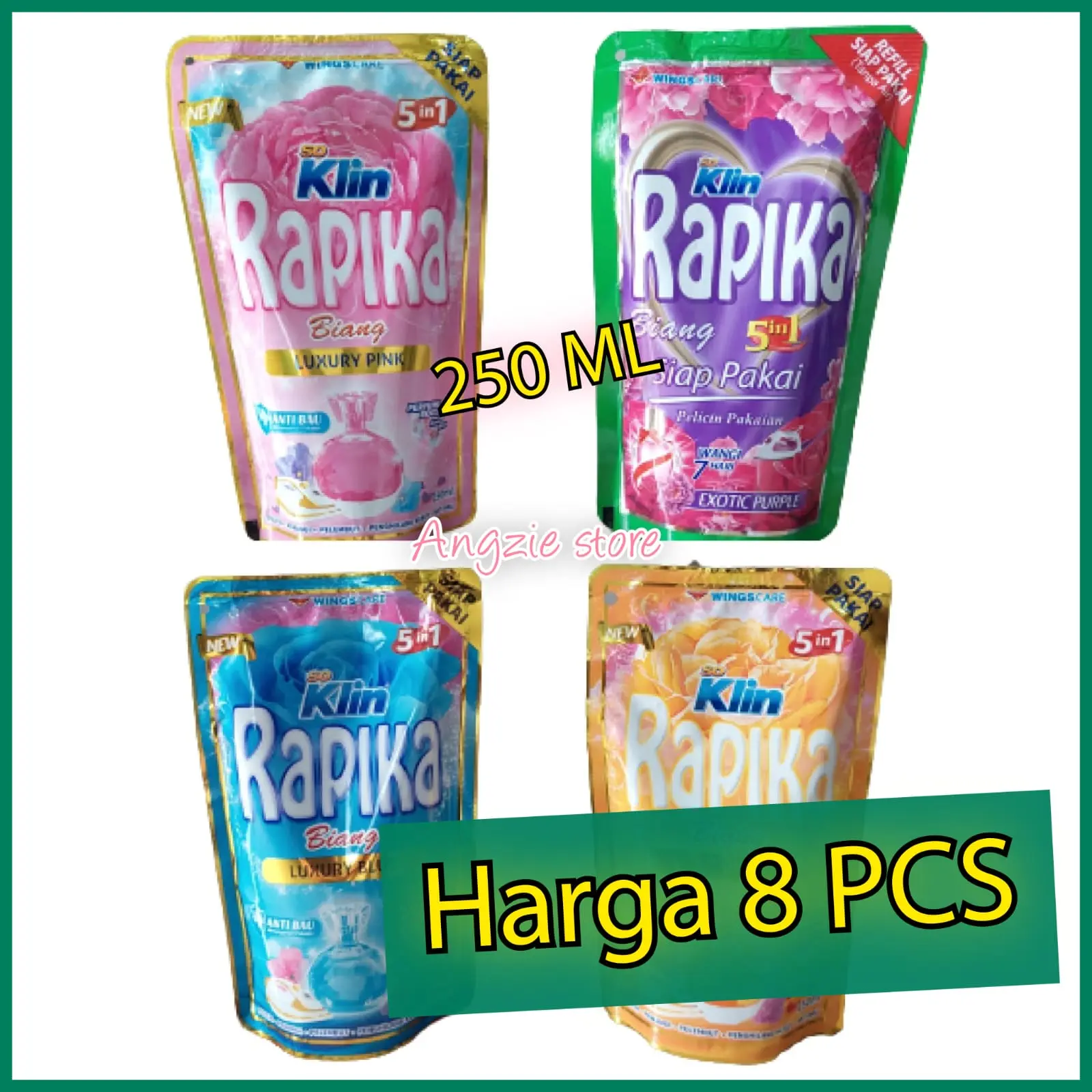 8 PCS Rapika Biang 250ML Pouch isi ulang Pewangi Pink Biru