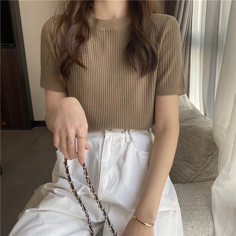 Áo len cộc tay trơn basic cổ tròn
