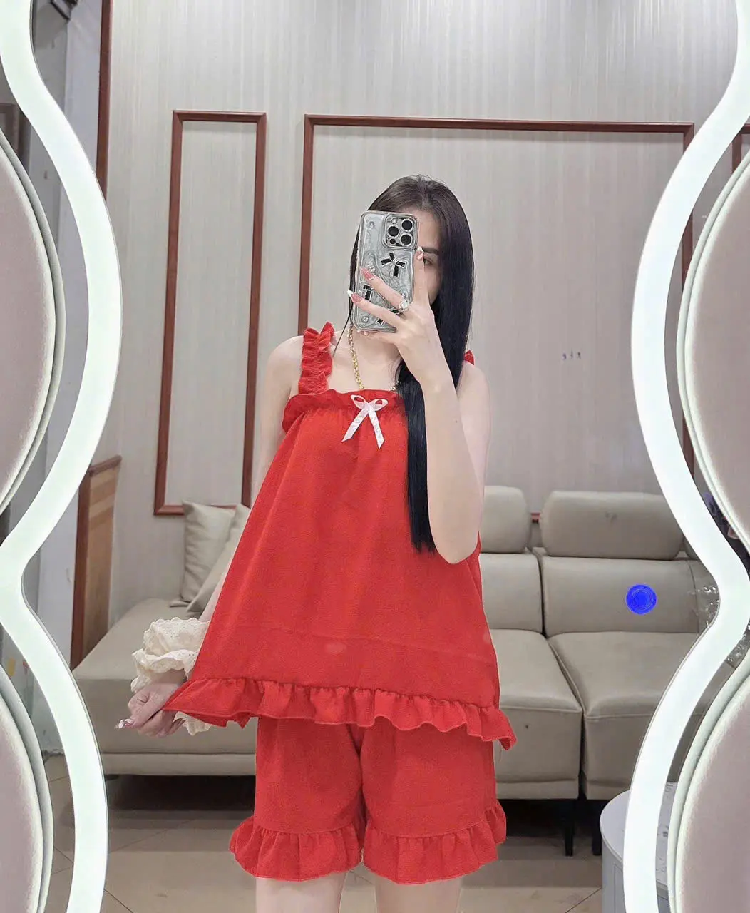 quần áo ngủ 2 dây nhún vải đũi mềm mát, thoải mái