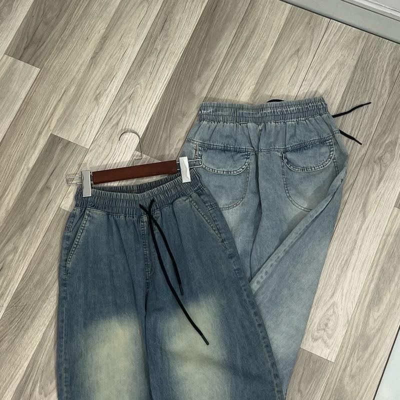 [M501] Quần baggy jeans trơn lưng chun form thụng rộng chín tấc  chất mềm mịn Women 5