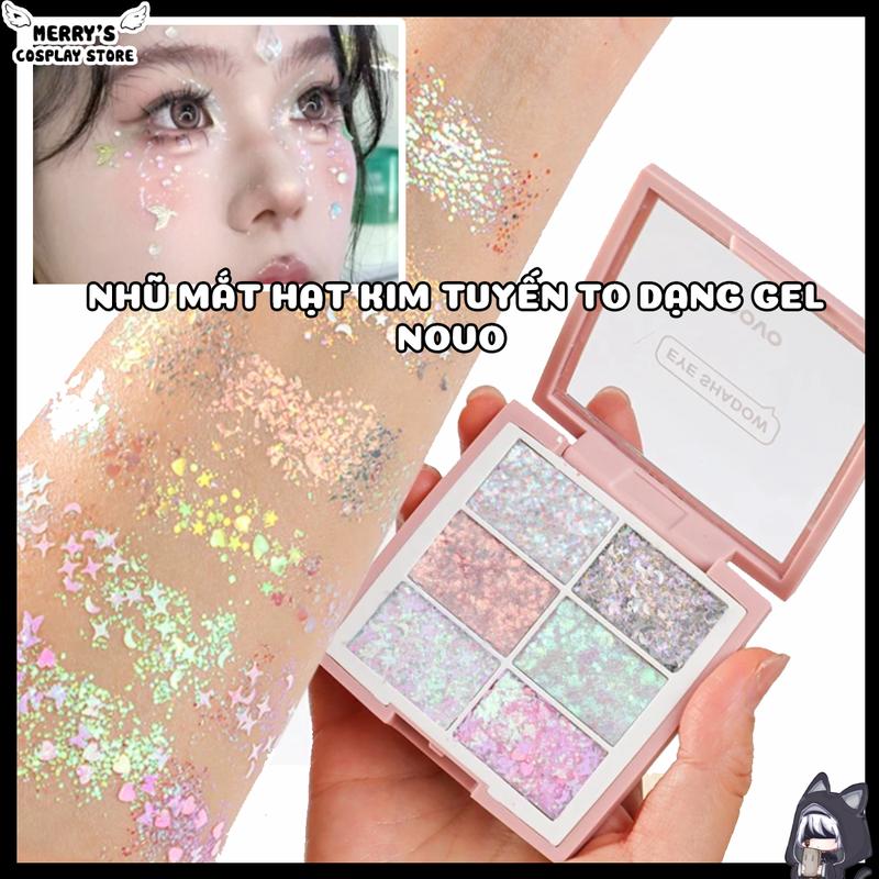 ￼Bảng Phấn Mắt Dạng Gel NOVO 6 ô Nhũ Hạt To Kim Tuyến Lấp Lánh Hỗ Trợ Trang Điểm Nữ Women Mỹ Phẩm Nhũ Mắt