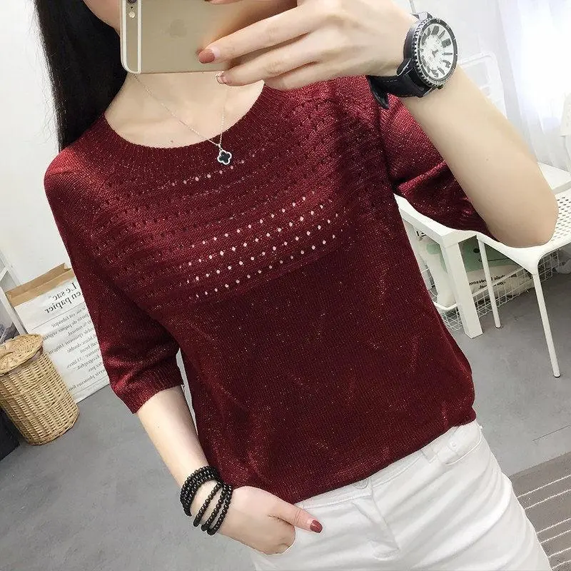 Áo Thường Ngày Dệt Kim, Dành Cho Phụ Nữ Vào Mùa Hè, Phong Cách Hàn Quốc, Dáng Rộng Vừa Vặn, Áo Khoét, Áo Thun Dệt Kim Nữ, Ngoại Cỡ, Đồ Len Women Top Cổ Tròn