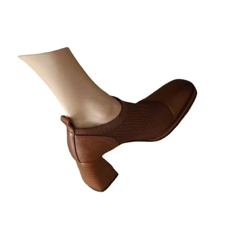 Giày Cao Gót Và Bốt Dưới Bằng Da Mềm Cho Nữ, Giày Cao Gót Mũi Vuông Retro Kiểu Pháp, Chunky, Cắt Sâu, Mới Hoa Shoes Đế Cao 4