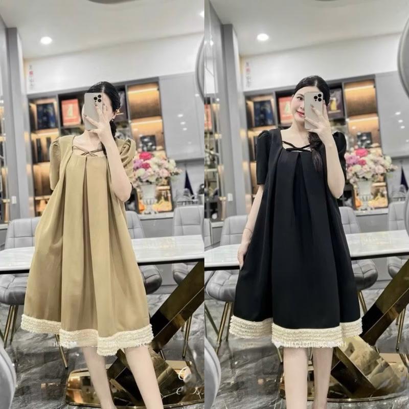  Váy bầu xinh đầm bầu mùa hè dáng babydoll cổ tròn phối dây nơ điệu đà  thân váy xếp ly kết hợp đuôi xòe ngắn xinh Nữ Dress 