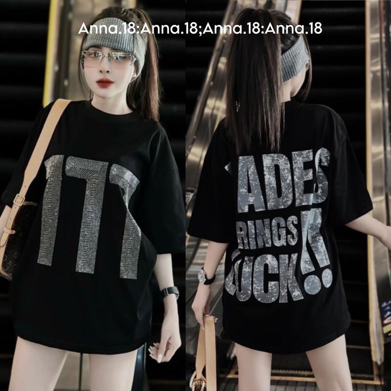 Áo phông cotton khô form rộng <70kg đính đá 2 mặt 777_ khô top cổ tròn nam nữ Women