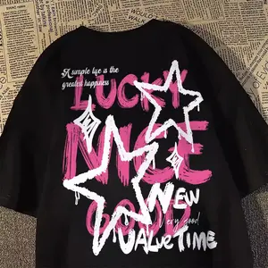 Kaos huruf bintang retro Amerika untuk pria wanita hip hop cetak kasual unisex kaos lengan pendek 220g katun