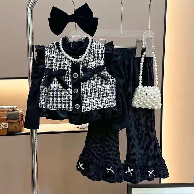 Bộ đồ mùa xuân cho bé gái Bộ đồ ba món thời trang mùa xuân và mùa thu cho bé gái phong cách cổ điển áo vest và quần ống loe cho bé gái quần áo bé gái thời trang phổ biến năm 2024 0