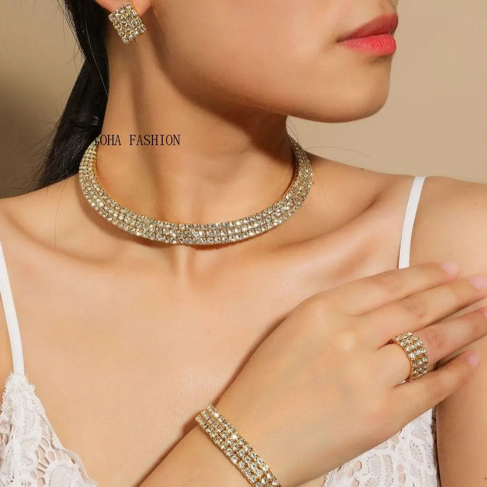 Bộ Trang Sức Phong Cách Hàn Quốc Cho Nữ, Bông Tai, Nhẫn, Vòng Tay, Bộ Vòng Cổ Sáng Bóng Thời Trang, Trang Sức Dự Tiệc Cho Nữ SE