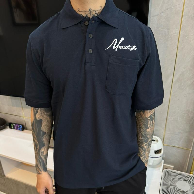 Áo polo nam chữ thêu đơn giản Mass Studio Menswear Thun cổ polo có túi trước ngực Có Cổ Nhung  polo áo