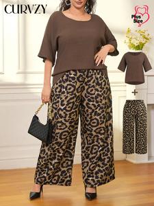 CURVZY Plus Size Two-Piece Set Solid Color Top & Leopard Print Pants, Casual Baggy Round Neck Top & Wide Leg Trousers for Daily Wear, Women's Two-piece Outfits for Summer