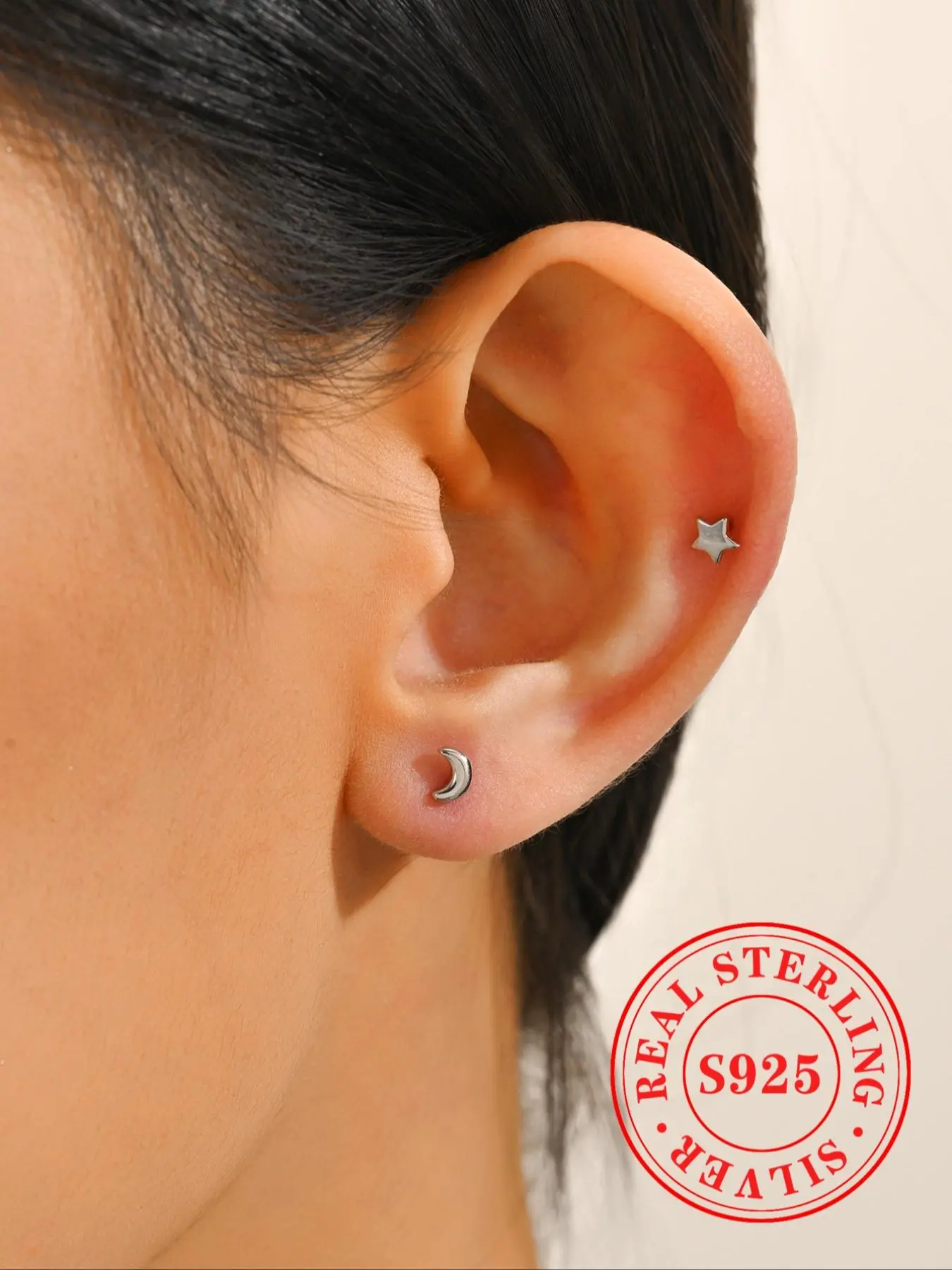 S999 Sterling Silver Vintage Star & Moon Design Earrings, Asymmetrical Design Earrings, Fashionable Jewelry for Women & Men