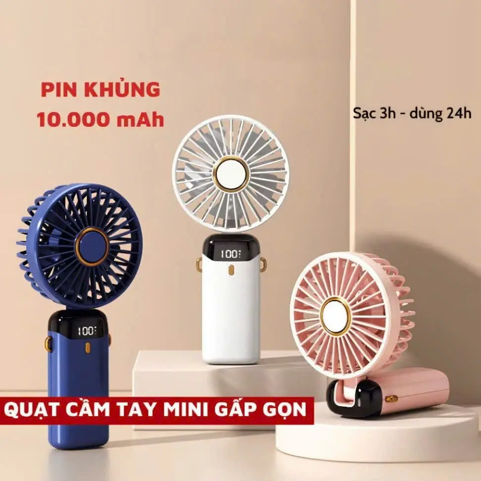 Quạt Cầm Tay Tích Điện Dung Lượng Pin Khủng 10.000 MAh, Quạt Mini 5 Tốc Độ Gió, màn hình LED thông minh