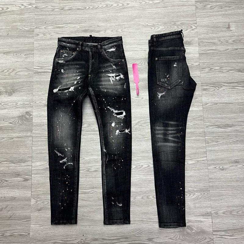 QUẦN JEAN NAM MÃ D2-35 ĐEN XÁM RÁCH VẨY SƠN 4 CÚC , BÒ DÀI CAO CẤP , CO DÃN , PHOM ÔM CHÂN D-S-Q , Có Túi
