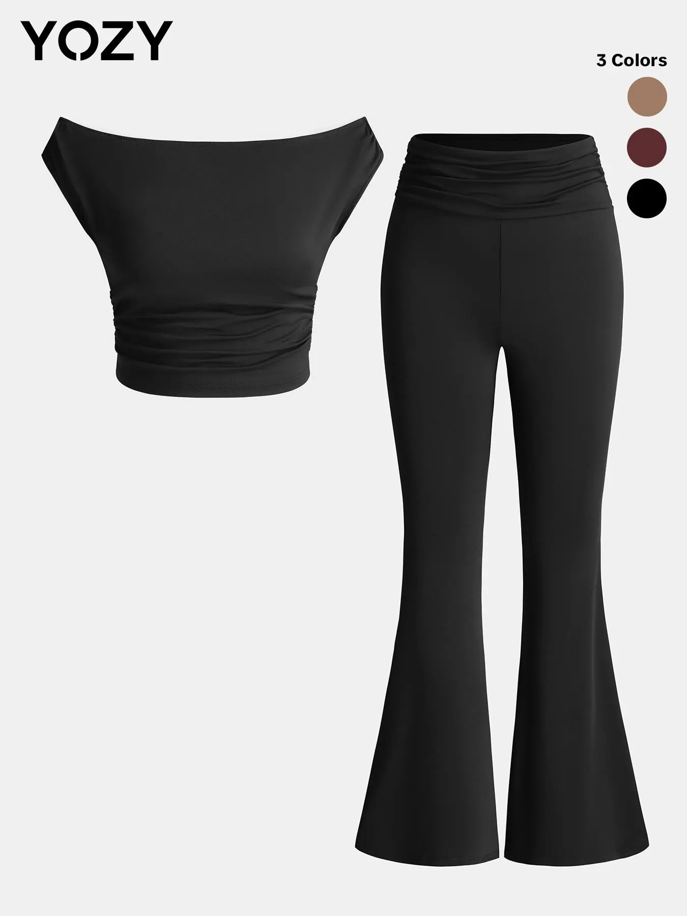 YOZY Off Shoulder Ruched Crop Tee & High Waist Flare Leg Pants Set, Casual Chic Solid Batwing Sleeve Top & Bell Bottom Trousers, 2024 Women's Summer Outfits for Daily Outdoor Wear