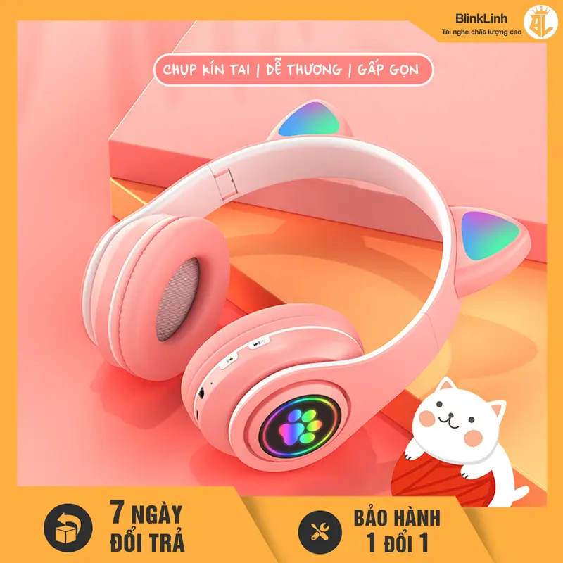 [COD] Tai Nghe Mèo dễ thương Mã BL39, Bluetooth 5.0, Tai nghe chụp tai lớn 35mm, Có Đèn LED Chuyển Màu, Chụp Tai Bọc Da Êm Ái, có Khe Cắm Thẻ Nhớ, Tặng Jack 3.5, Micrô tích hợp, Không dây  Nghe Nhạc tainghe chuptai 3