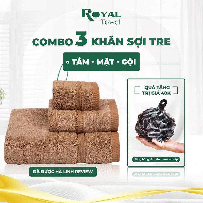 [ Võ Hà Linh x Royal Towel ] COMBO 3  Khăn sợi tre ROYAL TOWEL - khăn mặt, khăn gội & khăn tắm không đổ lông không phai màu thấm hút dùng trong Nhà Tắm của gia đình, khách sạn, spa.    565g + Tặng 1 bông tắm than tre 50g