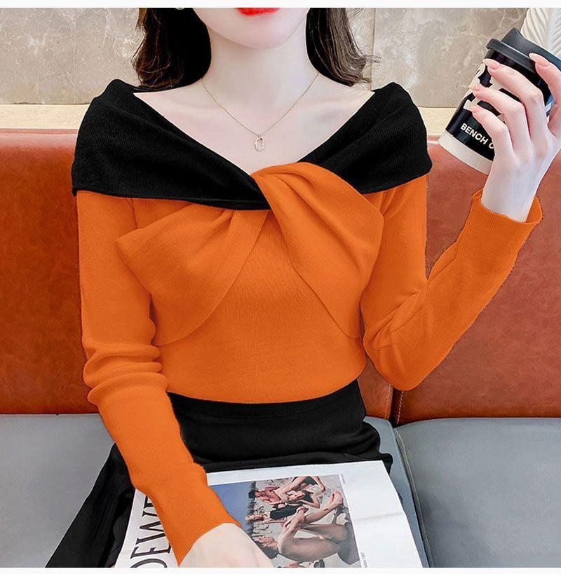 Product Introduction of Áo Lớp Nền Dệt Kim, Dành Cho Nữ, Thiết Kế Thắt Nơ Và Khối Màu, Hàng Mới Về Mùa Thu Và Mùa Đông, Áo Độc Đáo Áo Len Trễ Vai Màu Tương Phản Siêu Đẹp 7