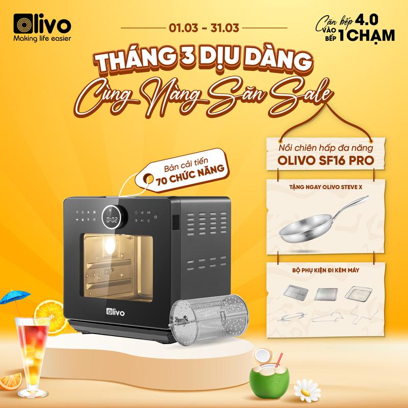 (Tặng Chảo Inox Steve X) Nồi Chiên Hấp Đa Năng OLIVO SF16 PRO – Nồi Chiên Hơi Nước 70 Chương Trình Cài Sẵn – Dung Tích 16L – Phụ Kiện Trục Xiên Quay – Công Suất 2800W