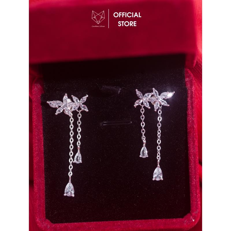  Khuyên nữ Bạc Ta Cáo Bạc Jewellery hai hoa hai sợi đá rơi quà tặng bạn gái năng động dễ thương 