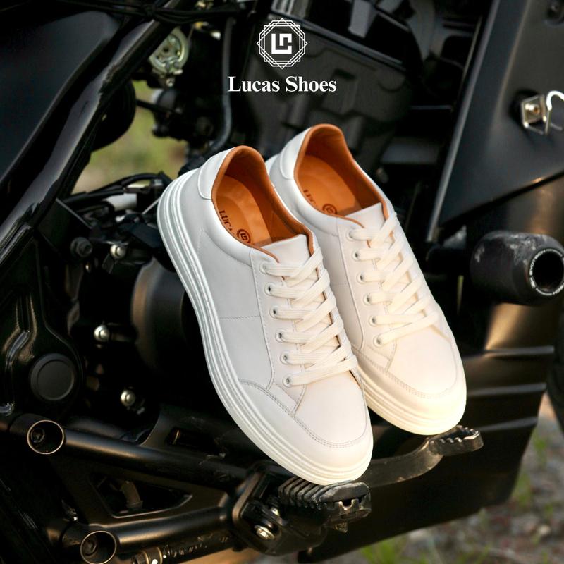 Giày thể thao nam LC2101 White Sneaker da bò thật trắng đế cao su cao 3.5cm có khâu - Lucas Shoes