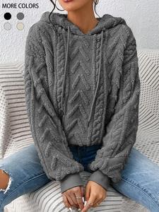 Women's Plain Textured Drawstring Plush Hoodie, Fashion Casual Drop Shoulder Long Sleeve Hooded Sweatshirt for Daily Outdoor Wear, Yoga Hoodie, Women Clothing for Fall & Winter