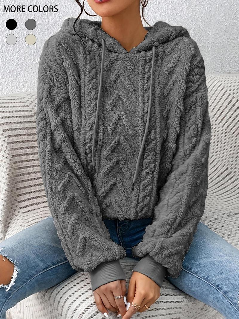 Product Introduction of Women's Plain Textured Drawstring Plush Hoodie, Fashion Casual Drop Shoulder Long Sleeve Hooded Sweatshirt for Daily Outdoor Wear, Yoga Hoodie, Women Clothing for Fall & Winter 7