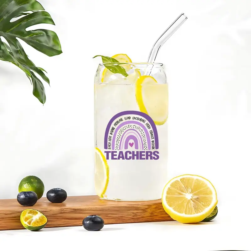 16oz Glass Cup, 1 Count Letter Pattern Glass Cup with Straw & Brush, Drinking Cup for Home Office School, Gift for Teacher 4