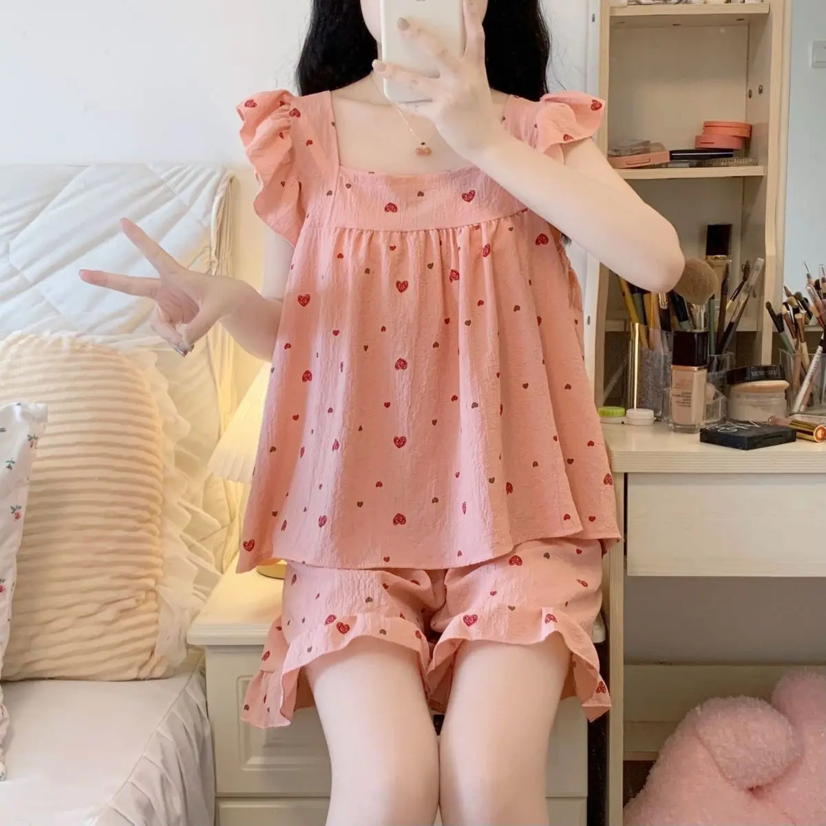 Thin Cute Pajamas Women's Summer plus Size Homewear Two-Piece Short Sleeve Shorts Pajamaset