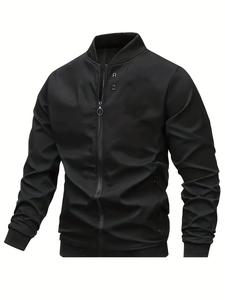 Men's Letter Patched Mock Neck Pocket Jacket, Baseball Collar Longsleeves Zipper Bomber Jackets, Men's Classic Coats Outerwear
