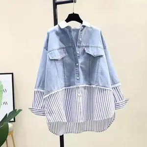 947- KEMEJA JEANS ATASAN WANITA KOMBINASI SALUR Nyaman Panjang Grey Tebal Pesta Baju Soft