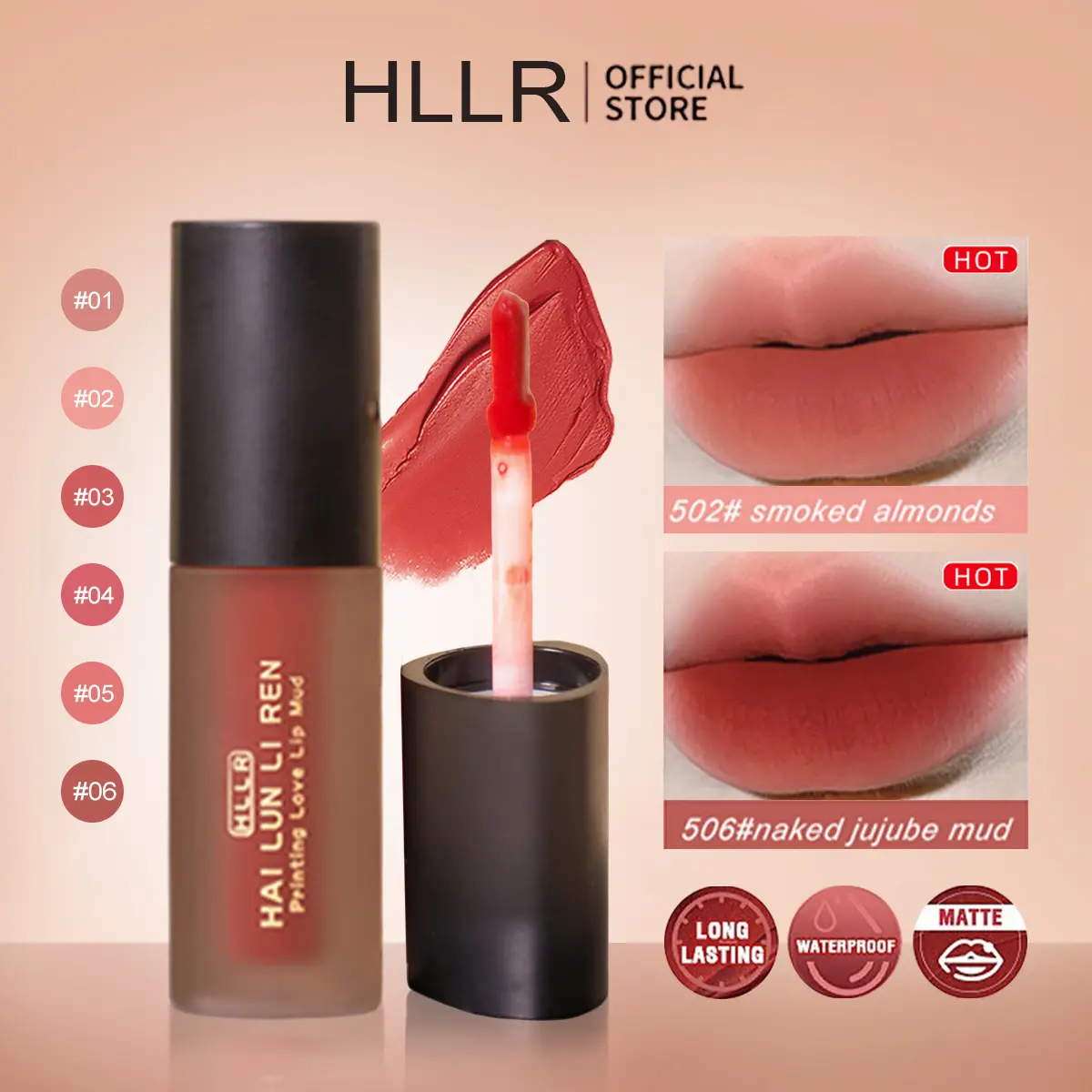 Son Bóng Lì Nhung, HLLR, Không Thấm Nước, Lâu Trôi, Nhẹ, Son Môi Dạng Lỏng Dưỡng Ẩm, Son Kem, Mỹ Phẩm Trang Điểm, 6 Màu Có Sẵn Nữ Cosmetic Women