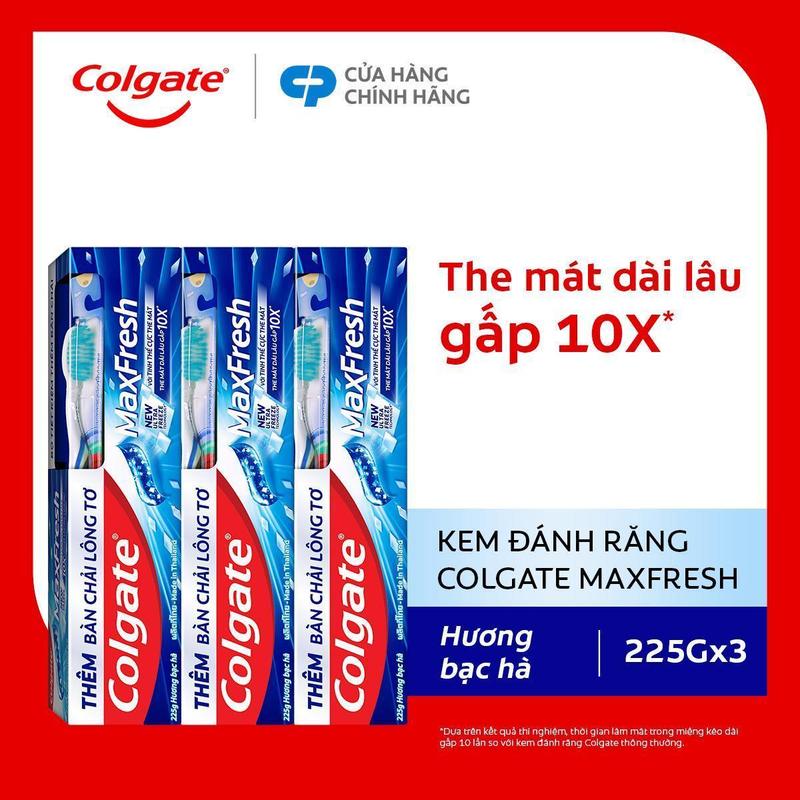   Tặng bàn chải đánh răng lông mềm  Bộ 3 Kem đánh răng Colgate MaxFresh 225g  tuýp 