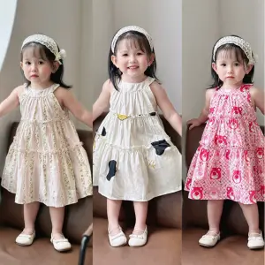 Váy Cổ Yếm Dáng Dài Tùng Váy 2 Tầng Chất Thô Mềm Cho Bé Gái 9-26 kg