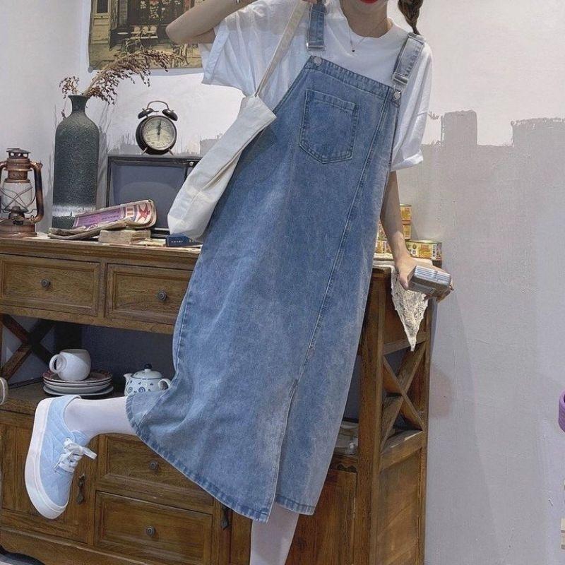 Yếm Jeans nữ dáng dài xẻ trước phối túi lớn trước ngực dịu dàng nữ tính phong cách Hàn Quốc Dress Women Y01 KoKostore