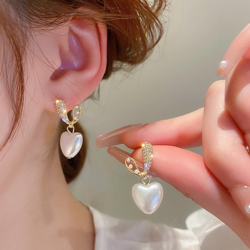 Product Introduction of Korean Casual Elegant Rhinestones Beads Heart Stud Earrings Women Girls Birthday Engagement Ear Accessories #earringstyle #earring 3