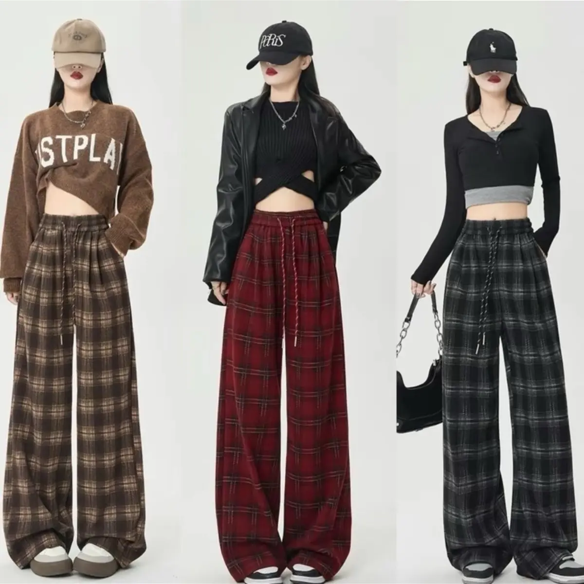 Quần Ống Suông Kẻ Caro, Cạp Lưng Chun cho Nữ