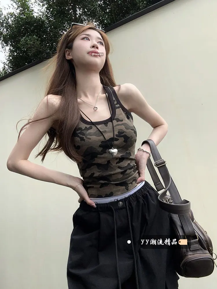 Hot Girl Mỹ ngắn ngụy trang áo yếm nữ mùa hè mặc ngoài thiết kế thích hợp mặc bên trong lưng đẹp áo không tay