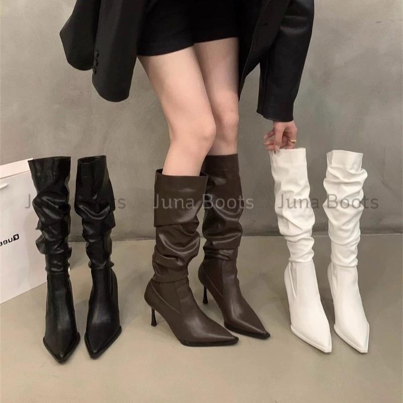 Bắp Bé - Form nhỏ Giày bốt đùi nhún xếp ly cao gót 7-8cm - Boots chạm gối mũi nhọn cá tính da mềm