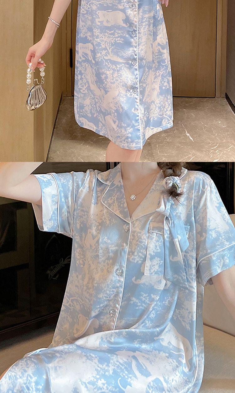 Product Introduction of Ice Silk Nightdress for Women Long Dress Summer 2025 New Ins Style High-Value Jungle Print Shirt Pajama Dress 14
